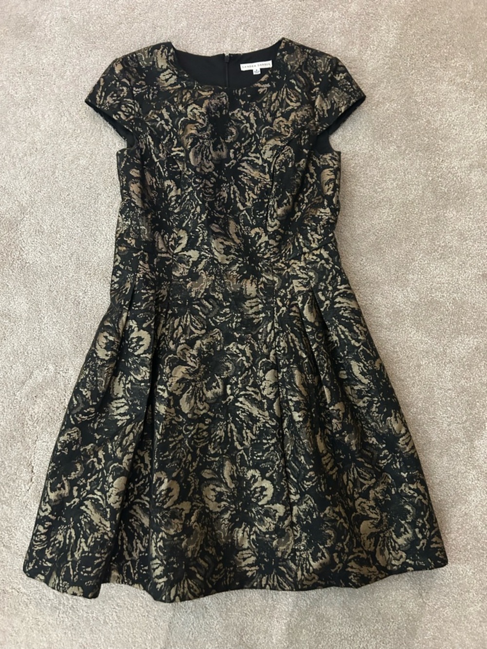 Sandra Darren Black and Gold Floral Fit-and-Flare Mini Dress
